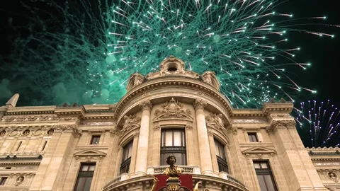 Fireworks over the Opera Garnier (Garnier Palace), Paris, France, with zoom Stock Footage 266805859