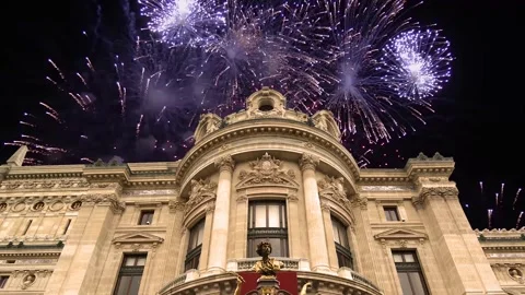 Fireworks over the Opera Garnier (Garnier Palace), Paris, France, with zoom Stock Footage 266805871