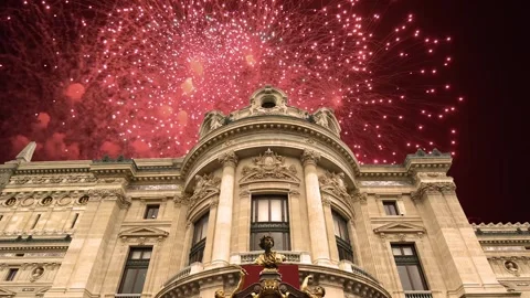 Fireworks over the Opera Garnier (Garnier Palace), Paris, France, with zoom Stock Footage 266805879