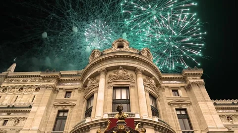 Fireworks over the Opera Garnier (Garnier Palace), Paris, France, with zoom Stock Footage 266805882