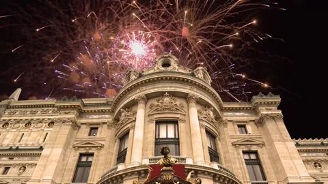 Fireworks over the Opera Garnier (Garnier Palace), Paris, France, with zoom Stock Footage 266805891