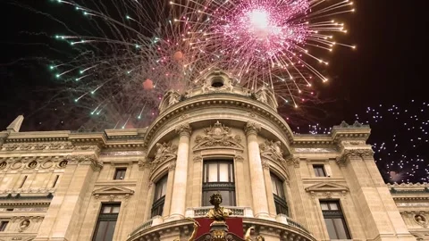 Fireworks over the Opera Garnier (Garnier Palace), Paris, France, with zoom Stock Footage 266805895