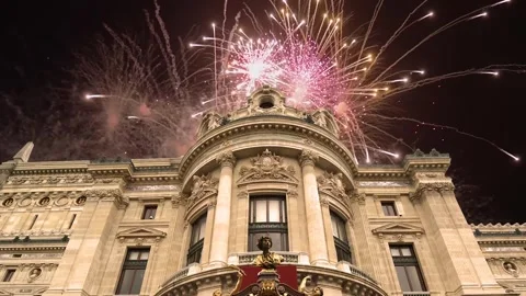 Fireworks over the Opera Garnier (Garnier Palace), Paris, France, with zoom Stock Footage 266805901