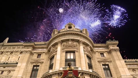 Fireworks over the Opera Garnier (Garnier Palace), Paris, France, with zoom Stock Footage 266805914