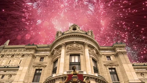Fireworks over the Opera Garnier (Garnier Palace), Paris, France, with zoom Stock Footage 266805920