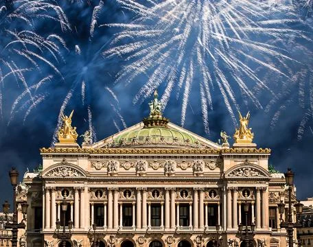 Fireworks over the Opera Garnier (Garnier Palace), Paris, France Stock Photos