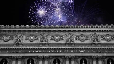 Fireworks over the Opera Garnier, Paris, France. 4K, time lapse Stock Footage 255507038