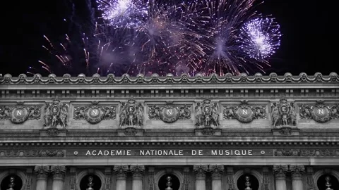 Fireworks over the Opera Garnier, Paris, France. 4K, time lapse Stock Footage 255507053