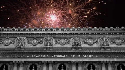 Fireworks over the Opera Garnier, Paris, France. 4K, time lapse Stock Footage 255507064