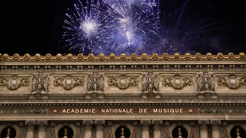 Fireworks over the Opera Garnier, Paris, France. 4K, time lapse Stock Footage 255507127