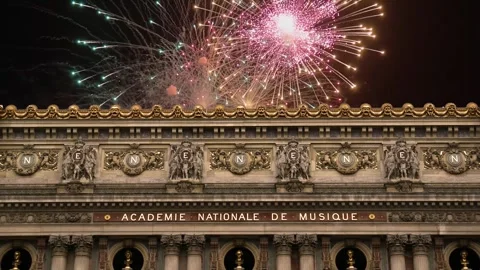 Fireworks over the Opera Garnier, Paris, France. 4K, time lapse Stock Footage 255507155
