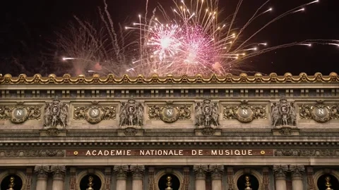 Fireworks over the Opera Garnier, Paris, France. 4K, time lapse Stock Footage 255507177