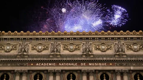 Fireworks over the Opera Garnier, Paris, France. 4K, time lapse Stock Footage 255507190