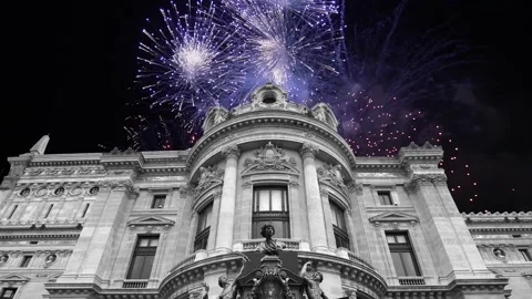 Fireworks over the Opera Garnier, Paris, France. 4K, time lapse Stock Footage 255507213