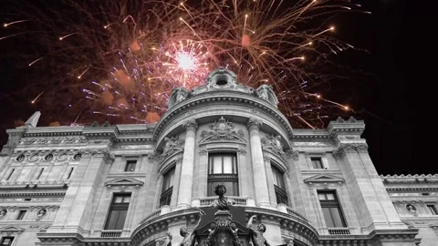 Fireworks over the Opera Garnier, Paris, France. 4K, time lapse Stock Footage 255507243