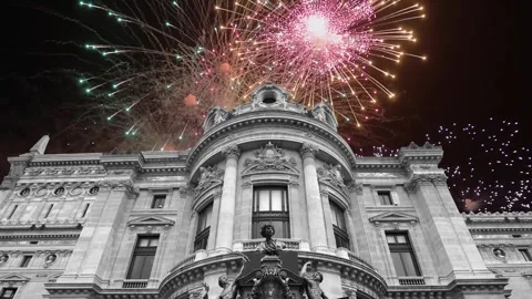 Fireworks over the Opera Garnier, Paris, France. 4K, time lapse Stock Footage 255507249