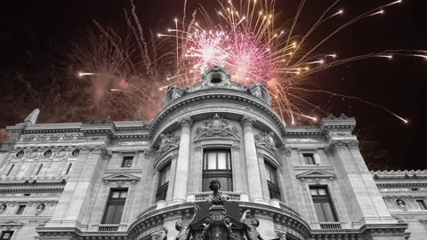 Fireworks over the Opera Garnier, Paris, France. 4K, time lapse Stock Footage 255507252