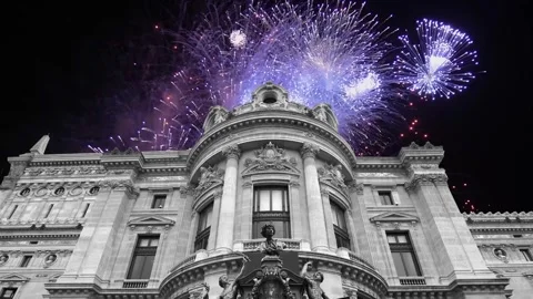 Fireworks over the Opera Garnier, Paris, France. 4K, time lapse Stock Footage 255507262