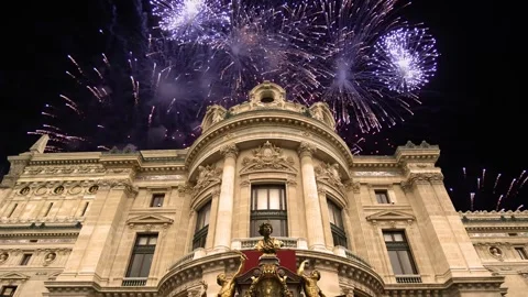 Fireworks over the Opera Garnier, Paris, France. 4K, time lapse Stock Footage 255507322