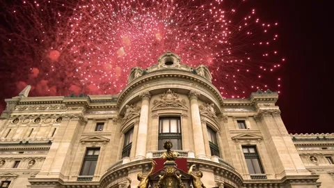 Fireworks over the Opera Garnier, Paris, France. 4K, time lapse Stock Footage 255507323