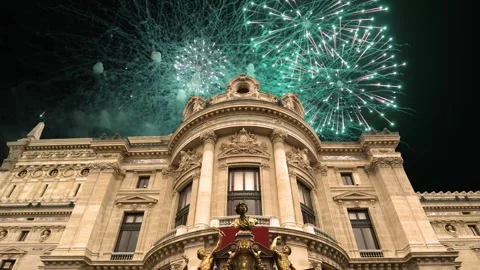 Fireworks over the Opera Garnier, Paris, France. 4K, time lapse Stock Footage 255507345
