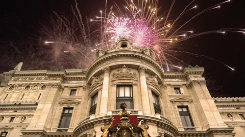 Fireworks over the Opera Garnier, Paris, France. 4K, time lapse Stock Footage 255507361