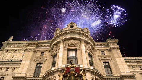 Fireworks over the Opera Garnier, Paris, France. 4K, time lapse Stock Footage 255507384