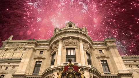 Fireworks over the Opera Garnier, Paris, France. 4K, time lapse Stock Footage 255507424