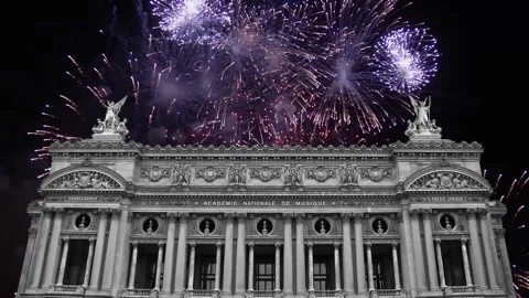 Fireworks over the Opera Garnier, Paris, France. 4K, time lapse Stock Footage 255507448