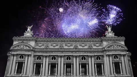 Fireworks over the Opera Garnier, Paris, France. 4K, time lapse Stock Footage 255507588