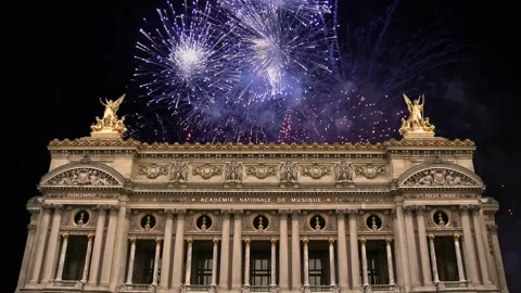 Fireworks over the Opera Garnier, Paris, France. 4K, time lapse Stock Footage 255507601