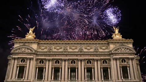 Fireworks over the Opera Garnier, Paris, France. 4K, time lapse Stock Footage 255507619