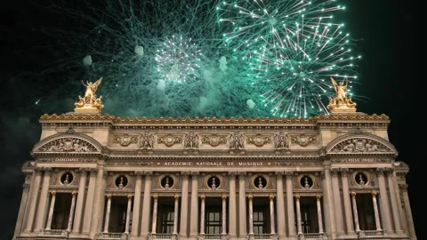 Fireworks over the Opera Garnier, Paris, France. 4K, time lapse Stock Footage 255507640