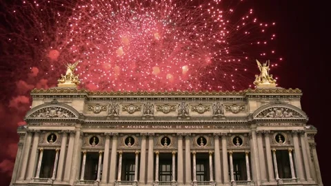 Fireworks over the Opera Garnier, Paris, France. 4K, time lapse Stock Footage 255507648