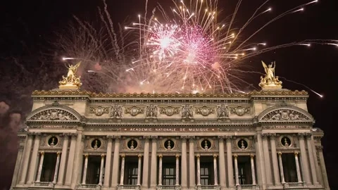 Fireworks over the Opera Garnier, Paris, France. 4K, time lapse Stock Footage 255507663