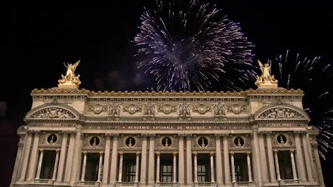 Fireworks over the Opera Garnier, Paris, France. 4K, time lapse Stock Footage 255507696