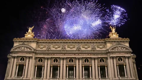 Fireworks over the Opera Garnier, Paris, France. 4K, time lapse Stock Footage 255507701