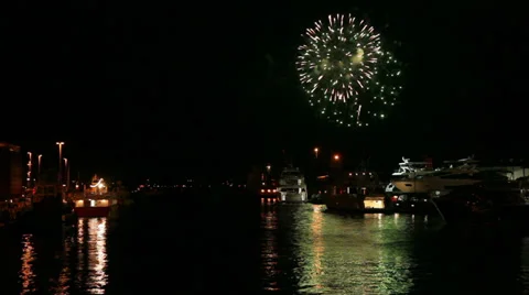 Fireworks over river or harbour with boats 1 Stock Footage 36780349