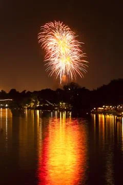 Fireworks over a river Stock Photos