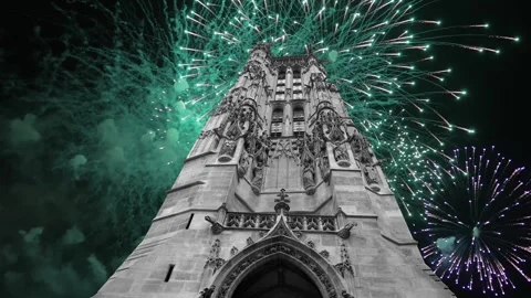 Fireworks over the Saint-Jacques Tower (Tour Saint-Jacques). Paris, France Stock Footage 252638595