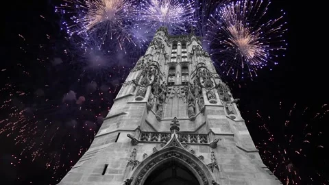 Fireworks over the Saint-Jacques Tower (Tour Saint-Jacques). Paris, France Stock Footage 252638596