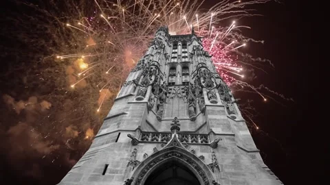 Fireworks over the Saint-Jacques Tower (Tour Saint-Jacques). Paris, France Stock Footage 252638609
