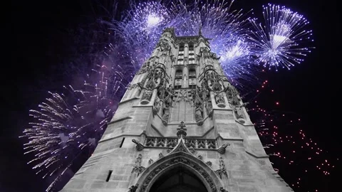 Fireworks over the Saint-Jacques Tower (Tour Saint-Jacques). Paris, France Stock Footage 252638632