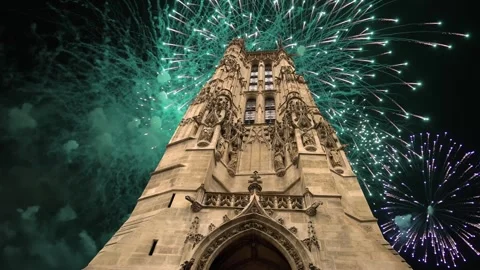 Fireworks over the Saint-Jacques Tower (Tour Saint-Jacques). Paris, France Stock Footage 252638647