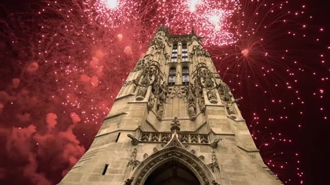 Fireworks over the Saint-Jacques Tower (Tour Saint-Jacques). Paris, France Stock Footage 252638667