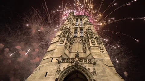 Fireworks over the Saint-Jacques Tower (Tour Saint-Jacques). Paris, France Stock Footage 252638728
