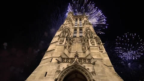 Fireworks over the Saint-Jacques Tower (Tour Saint-Jacques). Paris, France Stock Footage 252638741