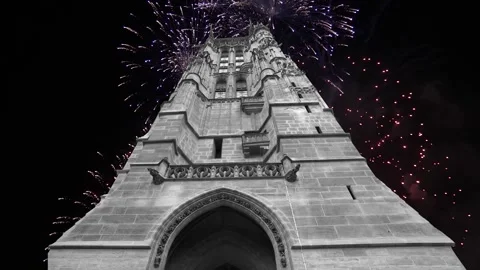 Fireworks over the Saint-Jacques Tower (Tour Saint-Jacques). Paris, France Stock Footage 252638775