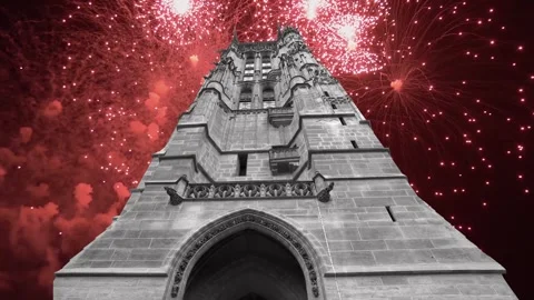 Fireworks over the Saint-Jacques Tower (Tour Saint-Jacques). Paris, France Stock Footage 252638792