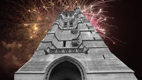 Fireworks over the Saint-Jacques Tower (Tour Saint-Jacques). Paris, France Stock Footage 252638801